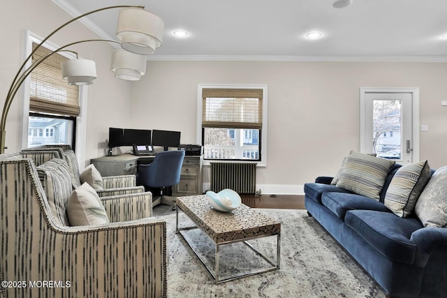 living room with crown molding, a wealth of natural light, and radiator