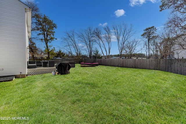 view of yard with a fenced backyard and a trampoline