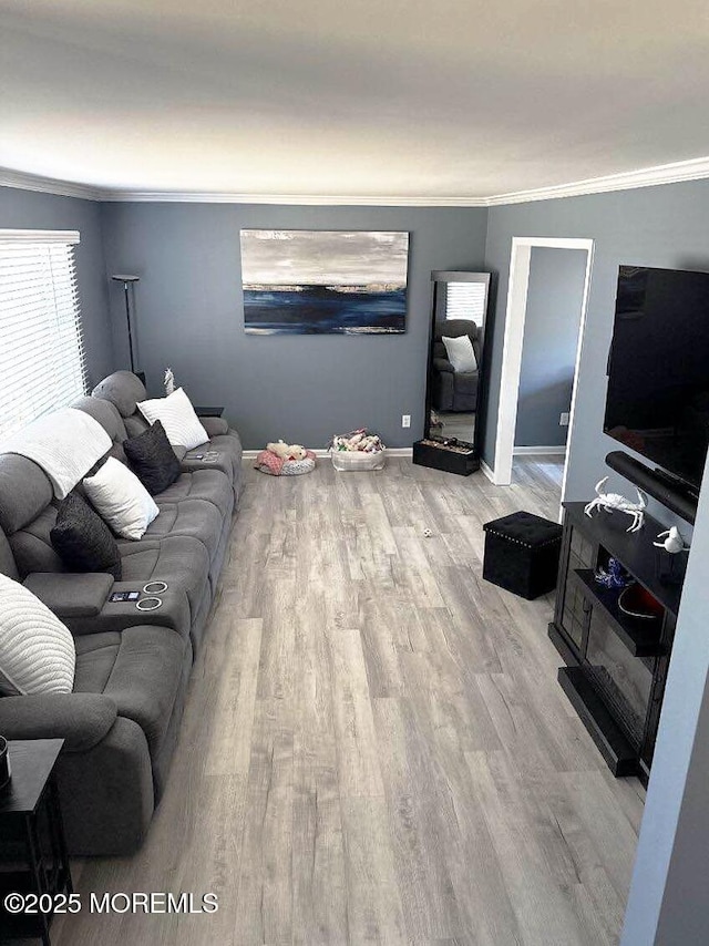 living area with baseboards, light wood-style flooring, and crown molding