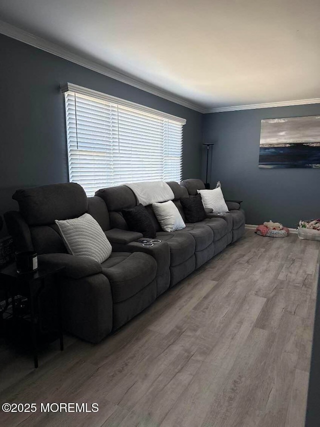 living area with light wood finished floors, baseboards, and ornamental molding