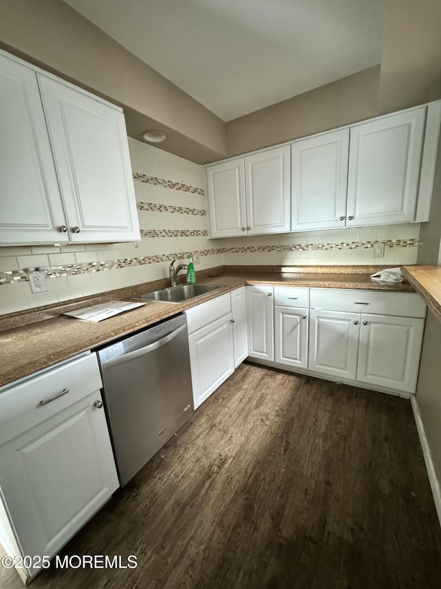 kitchen with a sink, white cabinetry, dark wood-style flooring, and dishwasher