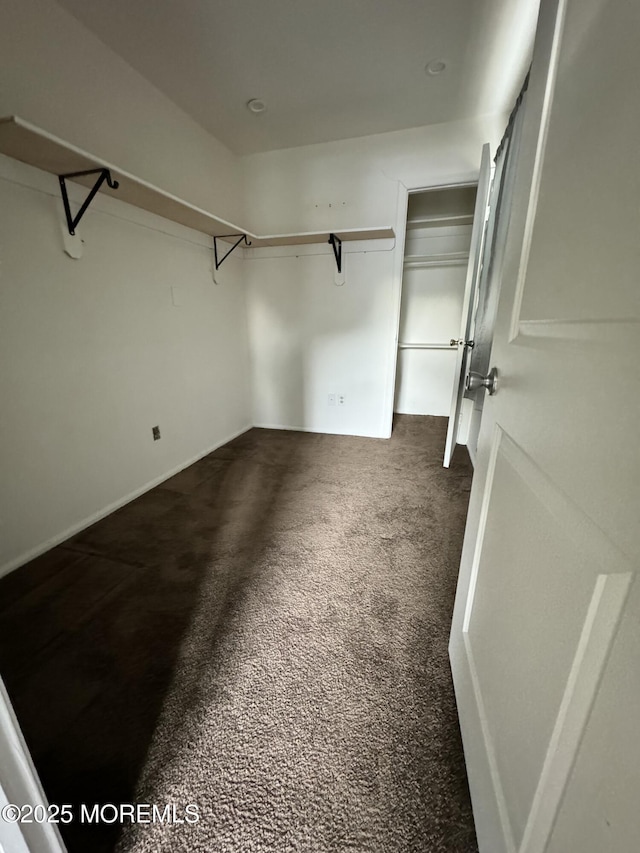 walk in closet featuring dark colored carpet