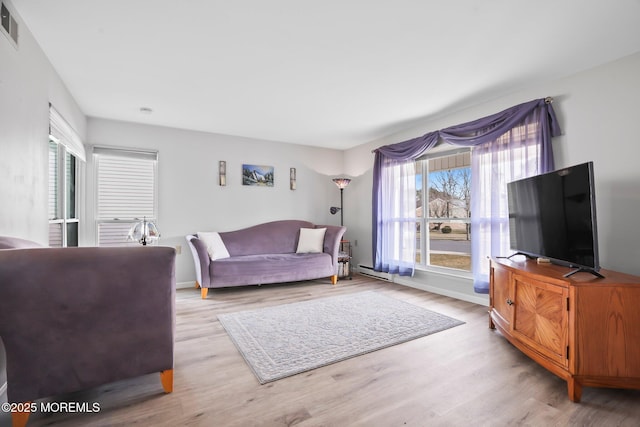 living room featuring light wood-style floors, visible vents, and baseboards