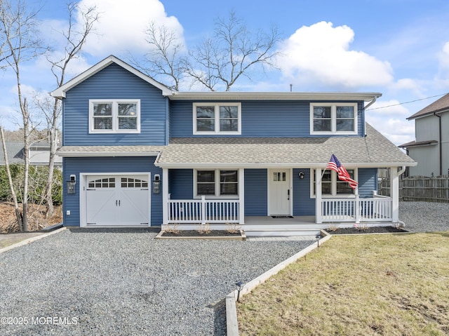 view of front facade featuring covered porch, a shingled roof, gravel driveway, and a garage