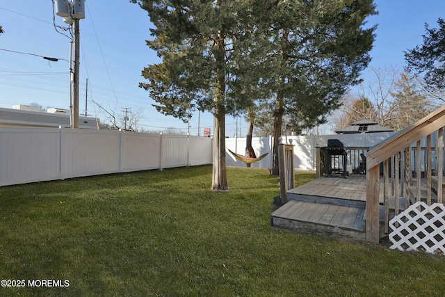 view of yard featuring a fenced backyard and a deck