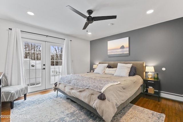 bedroom featuring recessed lighting, access to outside, dark wood-type flooring, and french doors