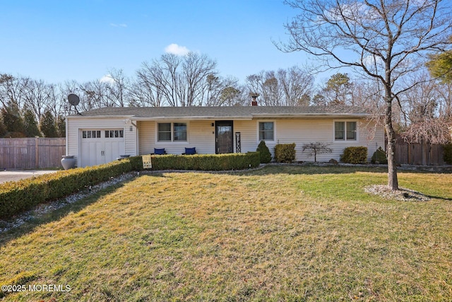 ranch-style house with a front lawn, an attached garage, fence, and a chimney