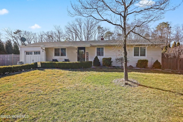 ranch-style home featuring a front yard, a chimney, an attached garage, and fence