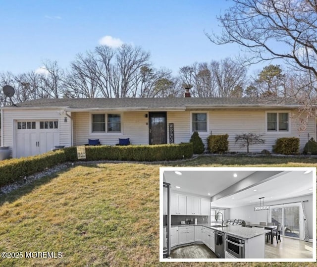 exterior space with a front lawn, a garage, and a sink