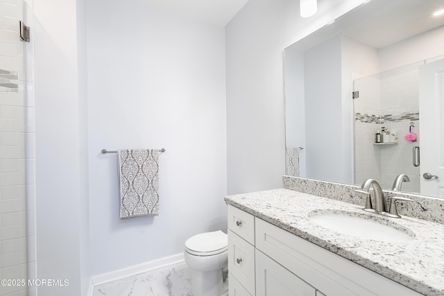 full bathroom with marble finish floor, vanity, toilet, and baseboards