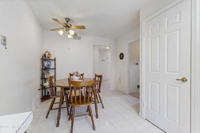 dining room with a ceiling fan, visible vents, and light tile patterned floors