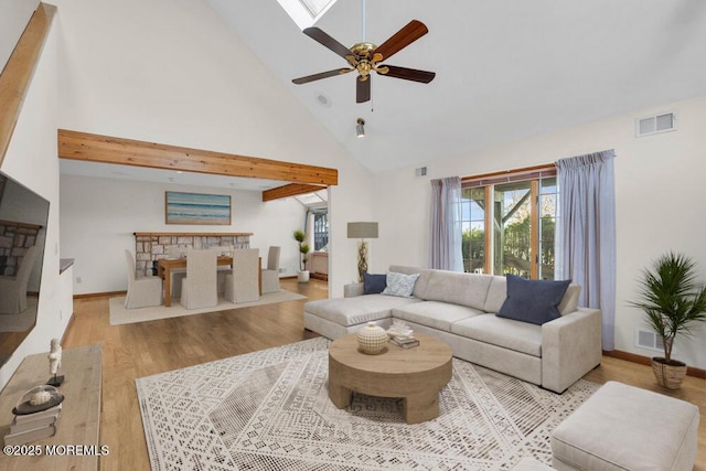 living area with high vaulted ceiling, a skylight, visible vents, and wood finished floors