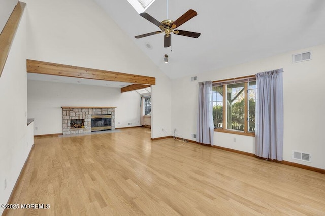 unfurnished living room with light wood-style floors, a fireplace, and visible vents