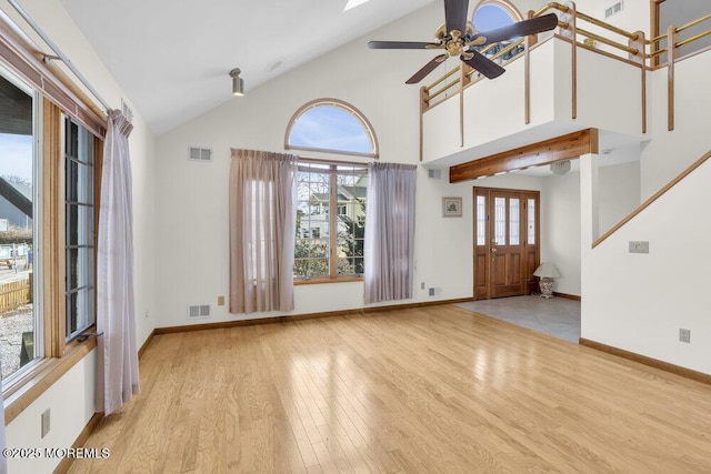 unfurnished living room featuring high vaulted ceiling, visible vents, baseboards, and wood finished floors