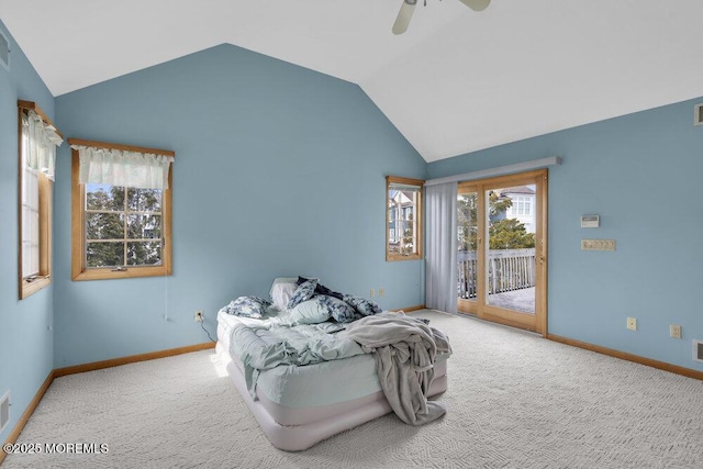 carpeted bedroom with access to exterior, visible vents, vaulted ceiling, ceiling fan, and baseboards