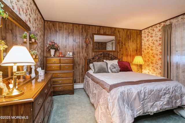 bedroom with a baseboard radiator, light carpet, and wallpapered walls