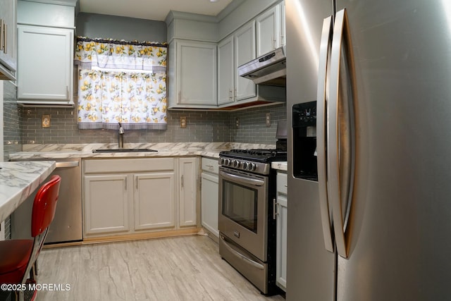 kitchen featuring appliances with stainless steel finishes, light countertops, light wood-type flooring, under cabinet range hood, and a sink