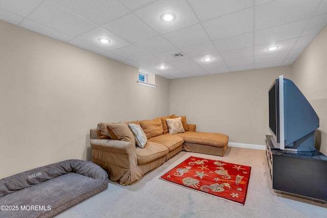 living area featuring baseboards, visible vents, carpet flooring, and recessed lighting