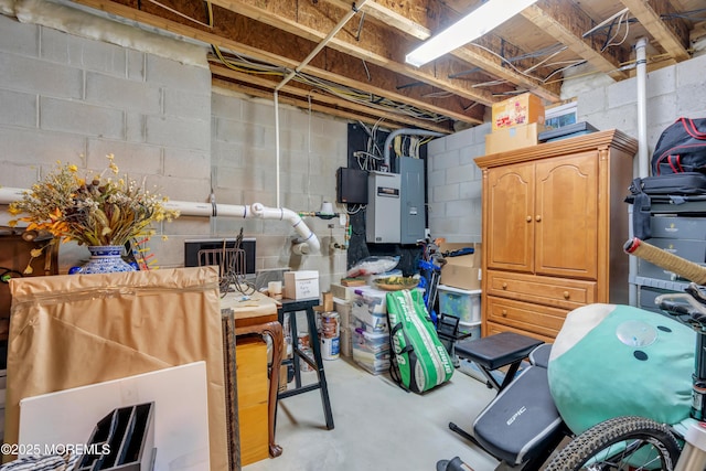 unfinished basement featuring electric panel