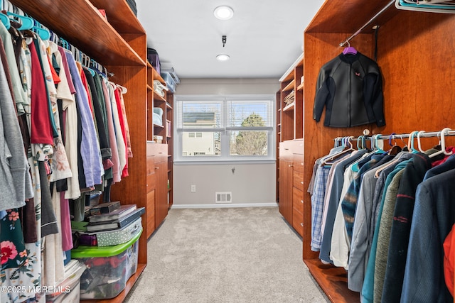 spacious closet with visible vents and carpet floors