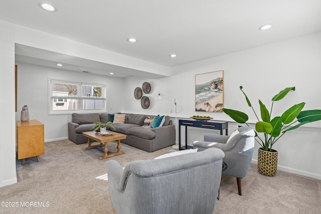 living area with recessed lighting, carpet, and baseboards