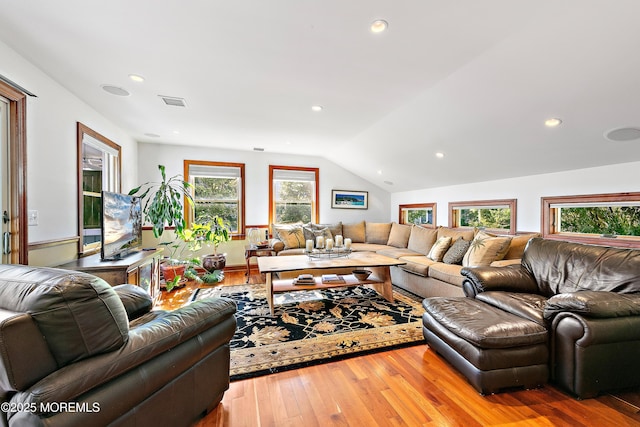 605 Broadway, Barnegat Light, NJ 08006 - living room featuring vaulted ceiling, recessed lighting, visible vents, and hardwood / wood-style floors