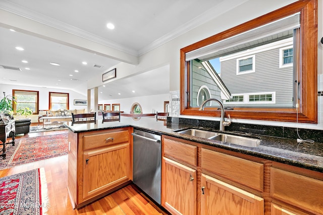 605 Broadway, Barnegat Light, NJ 08006 - kitchen with light wood-style flooring, a sink, dark stone counters, crown molding, and dishwasher