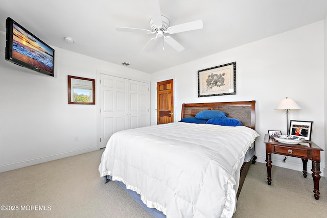 605 Broadway, Barnegat Light, NJ 08006 - carpeted bedroom with a closet, baseboards, visible vents, and ceiling fan