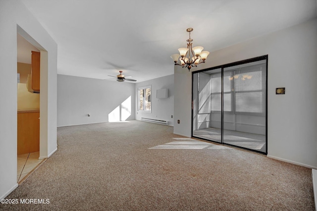 unfurnished living room featuring a baseboard radiator, light colored carpet, a wall mounted AC, baseboards, and ceiling fan with notable chandelier