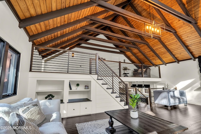 living area with an inviting chandelier, wood ceiling, wood finished floors, high vaulted ceiling, and beamed ceiling