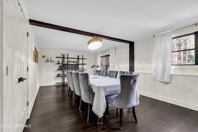 dining space with beam ceiling, baseboards, and dark wood-type flooring