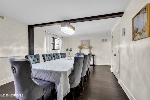 dining space with beam ceiling, dark wood-style flooring, visible vents, and baseboards