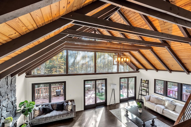living area with a chandelier, high vaulted ceiling, wooden ceiling, dark wood-style floors, and beamed ceiling