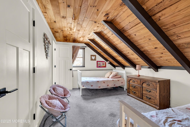 unfurnished bedroom with vaulted ceiling with beams, carpet floors, and wood ceiling
