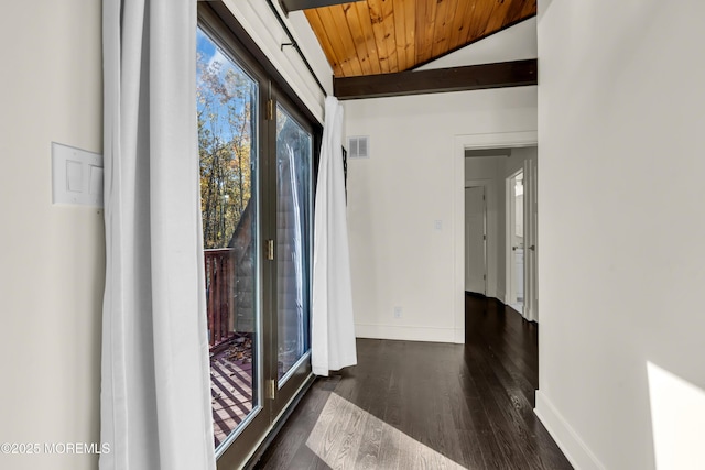 entryway with baseboards, visible vents, wooden ceiling, dark wood-style floors, and vaulted ceiling