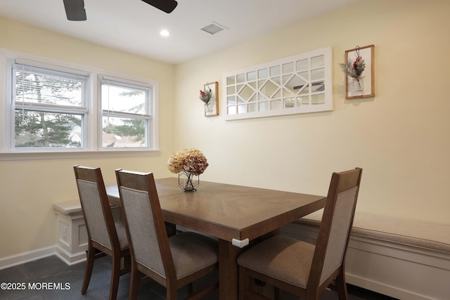 dining room featuring recessed lighting, visible vents, ceiling fan, and baseboards