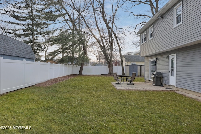 view of yard featuring a patio area, a fenced backyard, an outdoor structure, and a storage unit