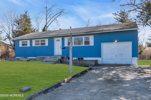 single story home featuring an attached garage, driveway, and a front lawn