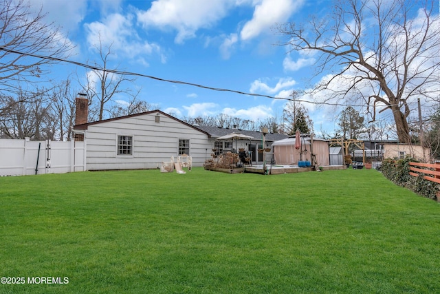 view of yard featuring a fenced backyard and a wooden deck