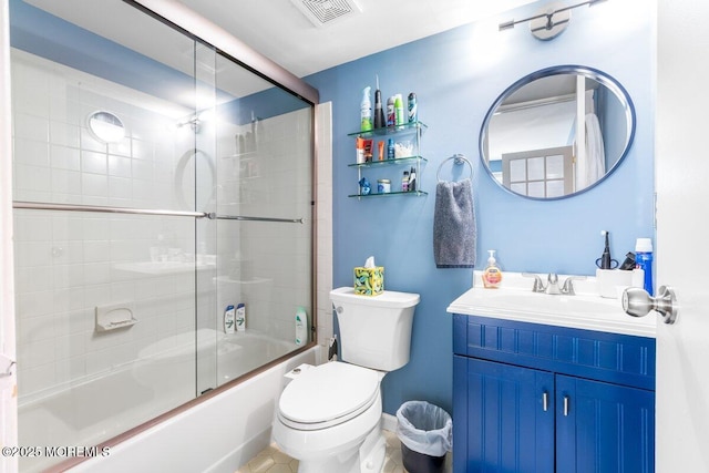 full bathroom with toilet, bath / shower combo with glass door, vanity, and visible vents