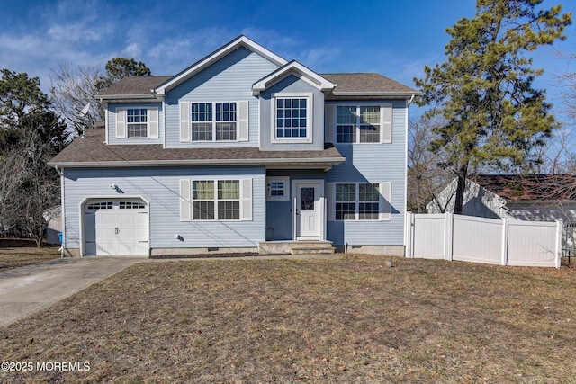 view of front facade with a front lawn, crawl space, fence, and concrete driveway