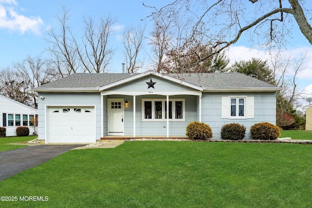 single story home with a garage, a shingled roof, aphalt driveway, and a front yard