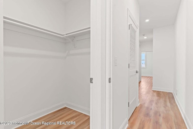 walk in closet with light wood finished floors