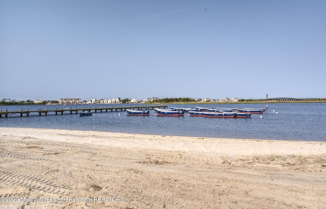 view of dock featuring a water view and a beach view