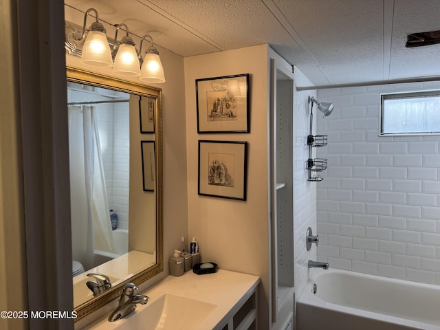 bathroom with toilet, shower / bath combo, a textured ceiling, and vanity