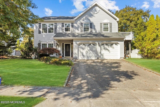 view of front facade featuring aphalt driveway, a front yard, and a garage