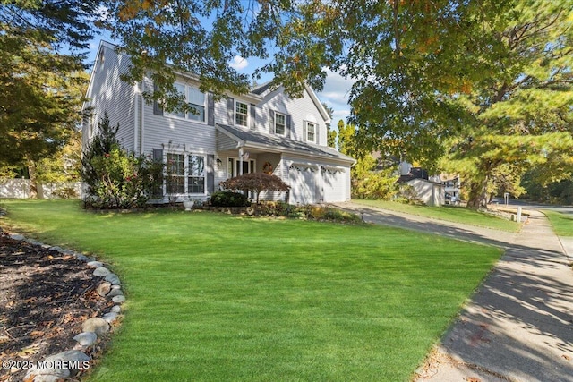 view of front of home with an attached garage, driveway, and a front lawn