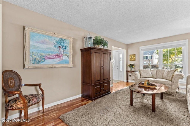 sitting room featuring a textured ceiling, wood finished floors, and baseboards