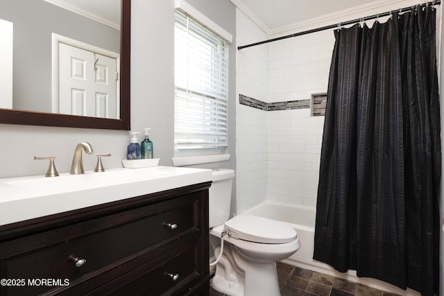 bathroom with shower / bath combo, crown molding, vanity, and toilet