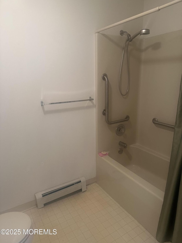 full bath with toilet, tile patterned flooring, a baseboard heating unit, and  shower combination